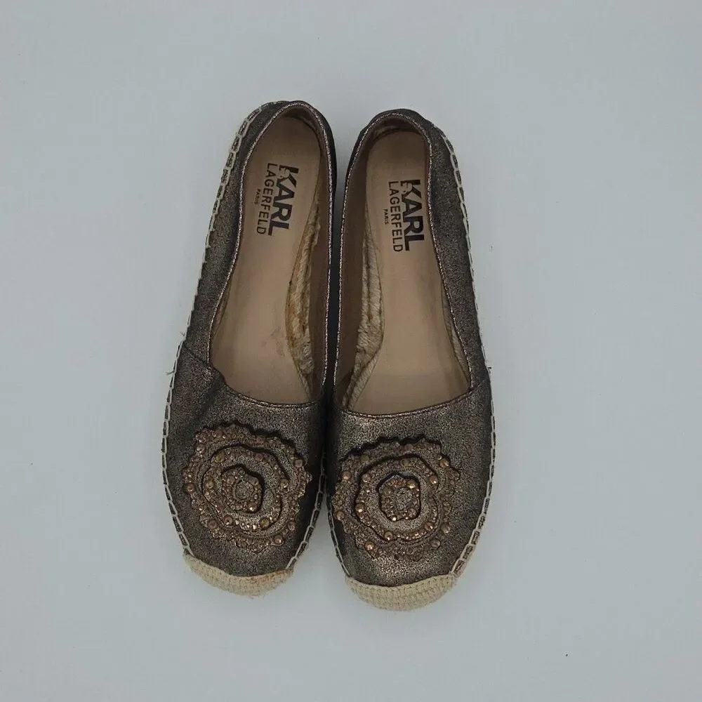 Karl Lagerfeld Size 6 Gold Metallic Embellished Espadrilles Abby Womens EUC